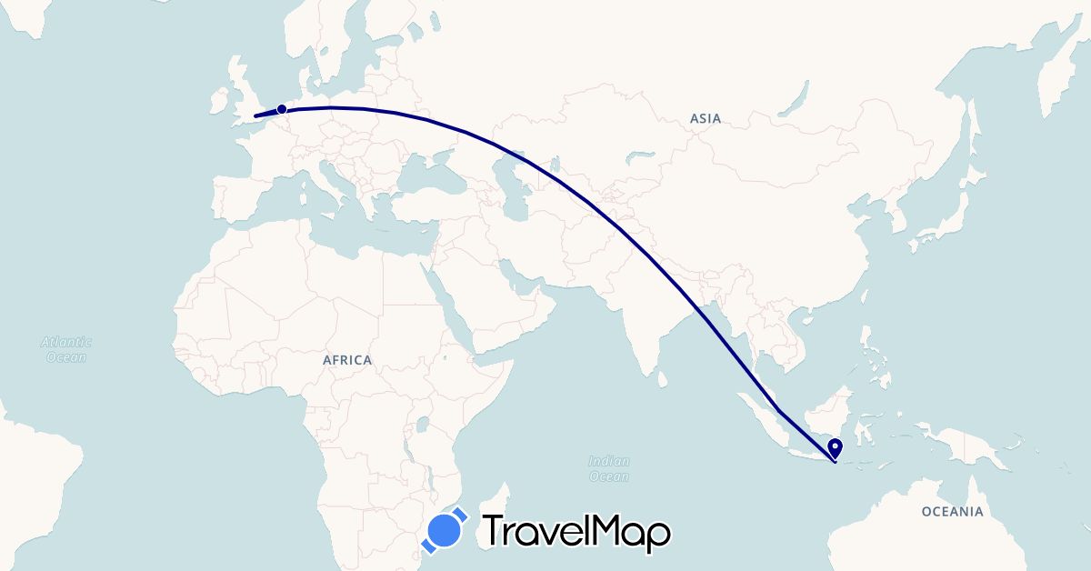 TravelMap itinerary: driving in United Kingdom, Indonesia, Netherlands, Singapore (Asia, Europe)